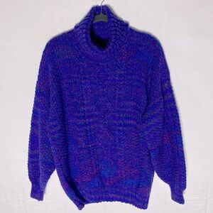 Handmade Hand Knit Purple Rainbow Cable Knit Pullover Turtleneck Sweater L